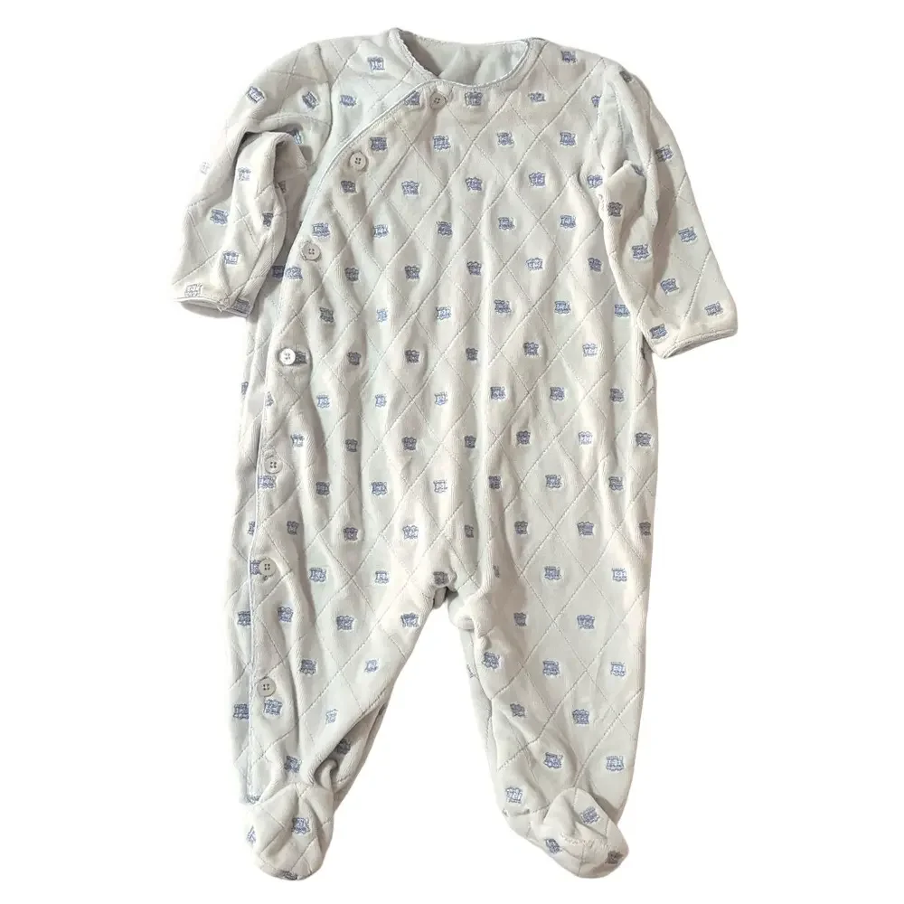 Vintage Kids Baby Boy Blue Embroidered Train Car Velvet Footie Sleeper Size 9M
